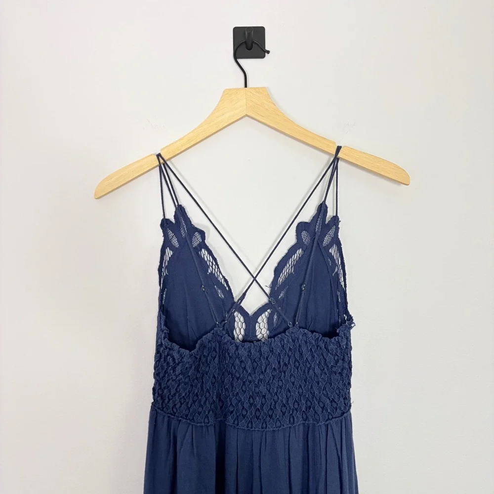 Free People FP One Adella Maxi Slip Dress Navy Blue Crochet‎ Lace Ruffle Small